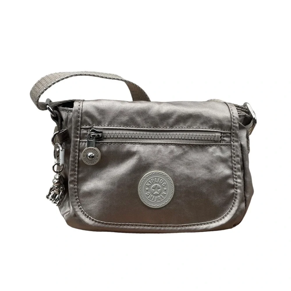 Kipling Metallic Pewter Nylon Crossbody Bag with‎ Monkey Keychain NWT